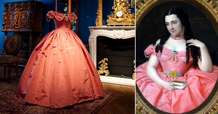 Pink ball gown on display in Bowes Museum and painting of Joséphine Bowes